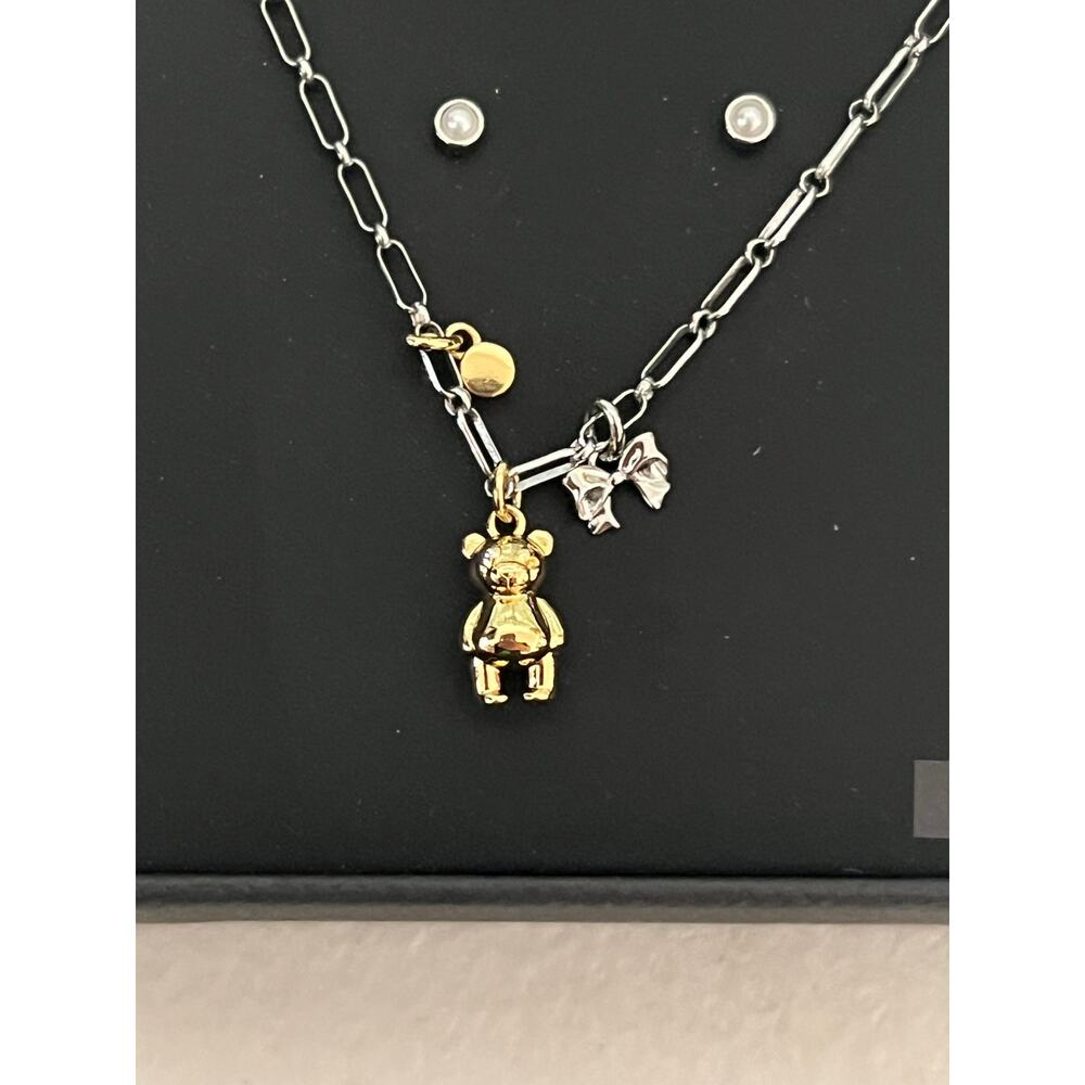 Coach CCU46 Teddy Bear and Bow Charm Necklace and Earrings Set